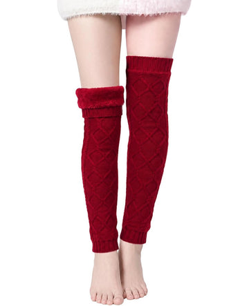 Moon Wood Womens Fleece Lined Leg Warmers Cable Knit Long Footless Thigh High Socks - Burgundy