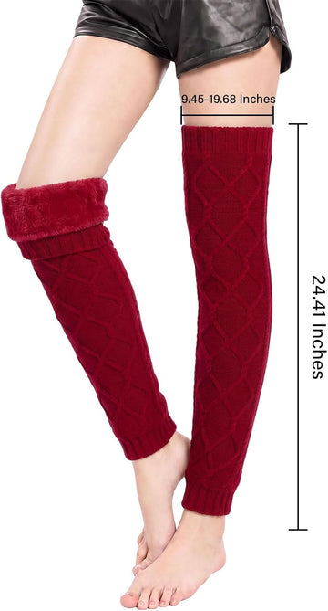 Moon Wood Womens Fleece Lined Leg Warmers Cable Knit Long Footless Thigh High Socks - Burgundy