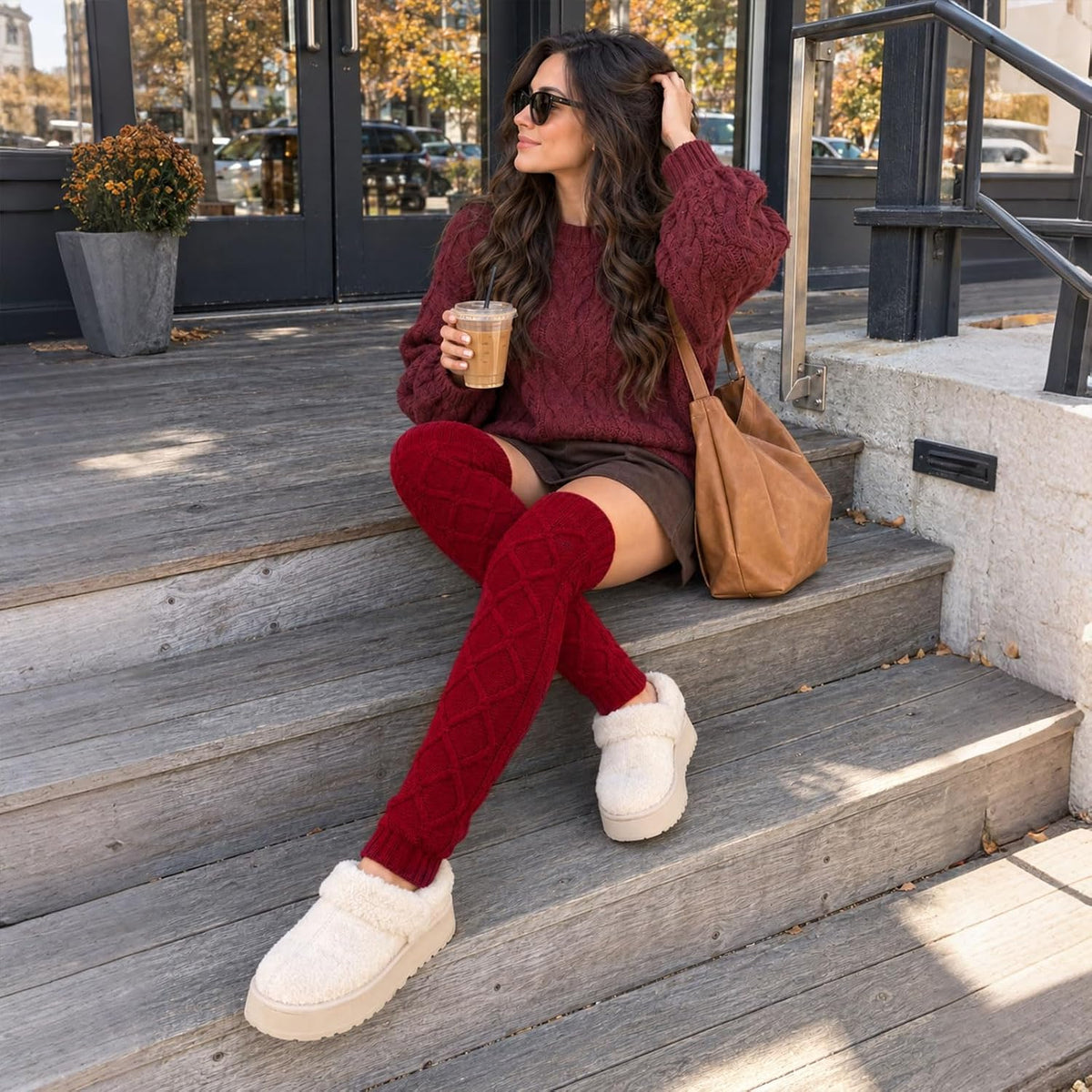 Moon Wood Womens Fleece Lined Leg Warmers Cable Knit Long Footless Thigh High Socks - Burgundy