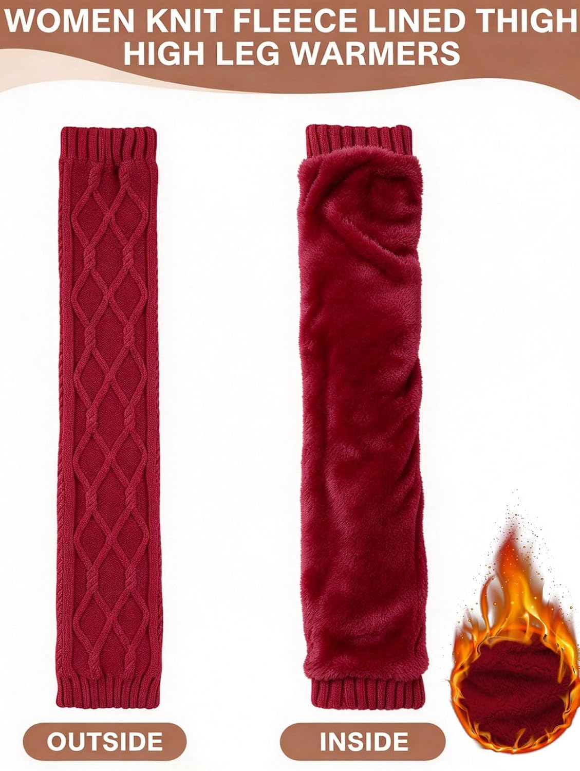 Moon Wood Womens Fleece Lined Leg Warmers Cable Knit Long Footless Thigh High Socks - Burgundy