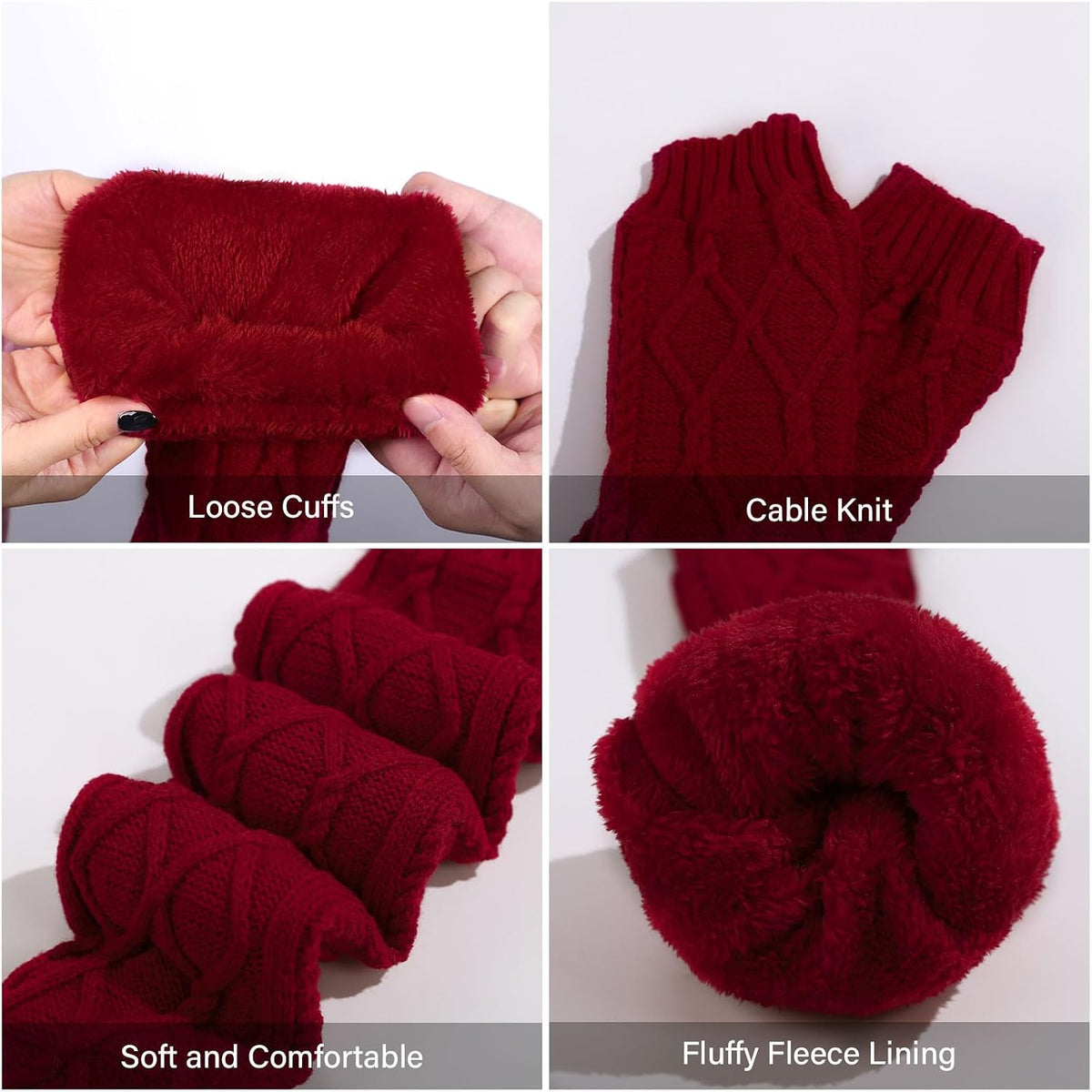 Moon Wood Womens Fleece Lined Leg Warmers Cable Knit Long Footless Thigh High Socks - Burgundy