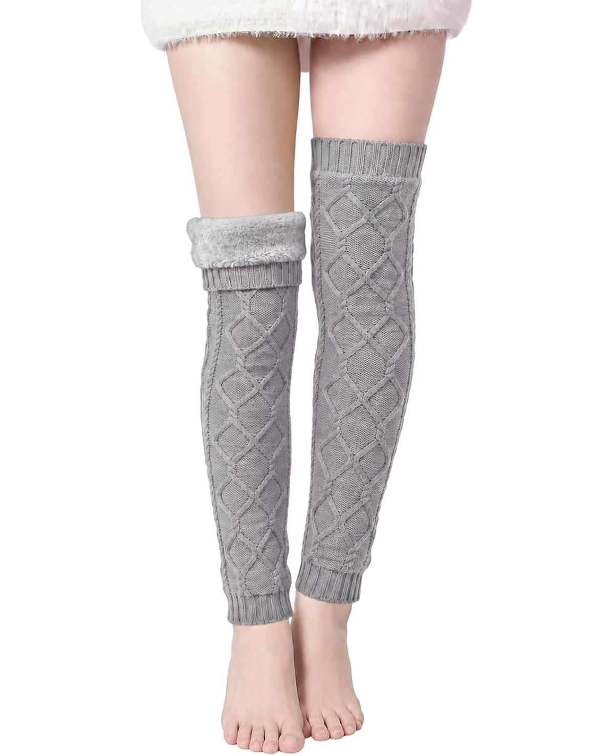 Moon Wood Womens Fleece Lined Leg Warmers Cable Knit Long Footless Thigh High Socks - Grey