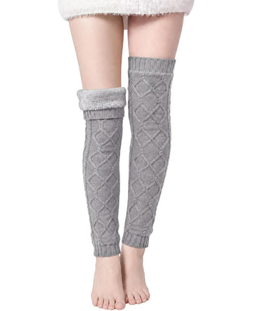 Moon Wood Womens Fleece Lined Leg Warmers Cable Knit Long Footless Thigh High Socks - Grey