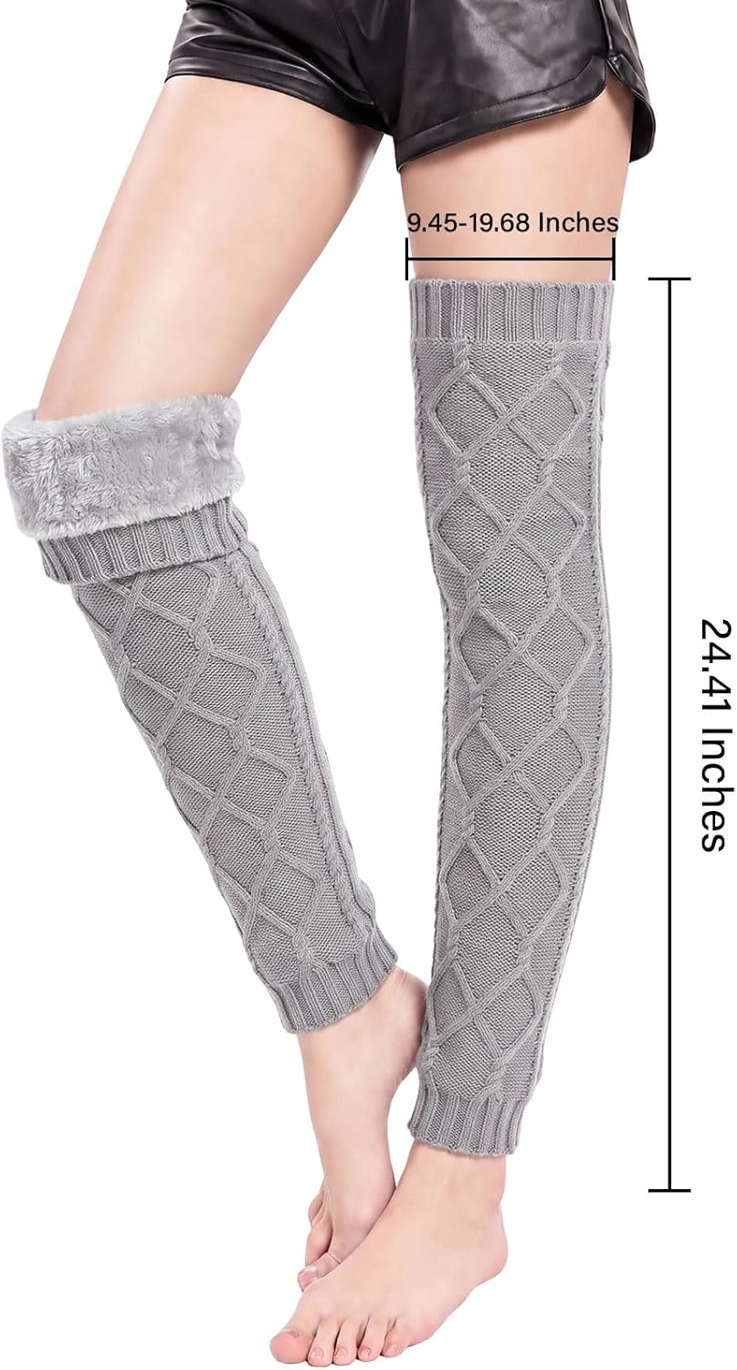 Moon Wood Womens Fleece Lined Leg Warmers Cable Knit Long Footless Thigh High Socks - Grey