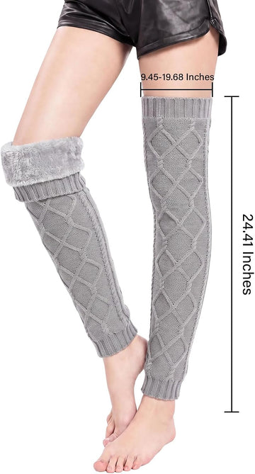 Moon Wood Womens Fleece Lined Leg Warmers Cable Knit Long Footless Thigh High Socks - Grey