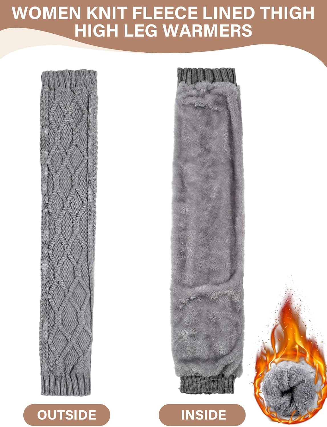 Moon Wood Womens Fleece Lined Leg Warmers Cable Knit Long Footless Thigh High Socks - Grey