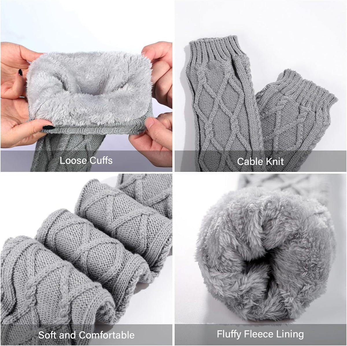 Moon Wood Womens Fleece Lined Leg Warmers Cable Knit Long Footless Thigh High Socks - Grey