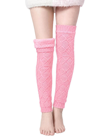Moon Wood Womens Fleece Lined Leg Warmers Cable Knit Long Footless Thigh High Socks - Light Pink