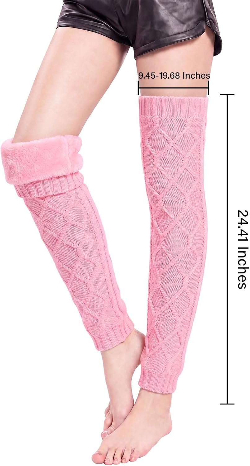 Moon Wood Womens Fleece Lined Leg Warmers Cable Knit Long Footless Thigh High Socks - Light Pink