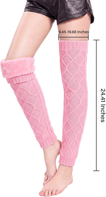 Moon Wood Womens Fleece Lined Leg Warmers Cable Knit Long Footless Thigh High Socks - Light Pink