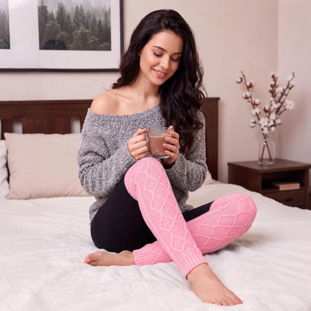 Moon Wood Womens Fleece Lined Leg Warmers Cable Knit Long Footless Thigh High Socks - Light Pink