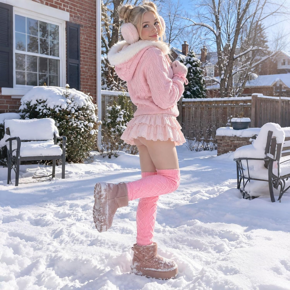 Moon Wood Womens Fleece Lined Leg Warmers Cable Knit Long Footless Thigh High Socks - Light Pink