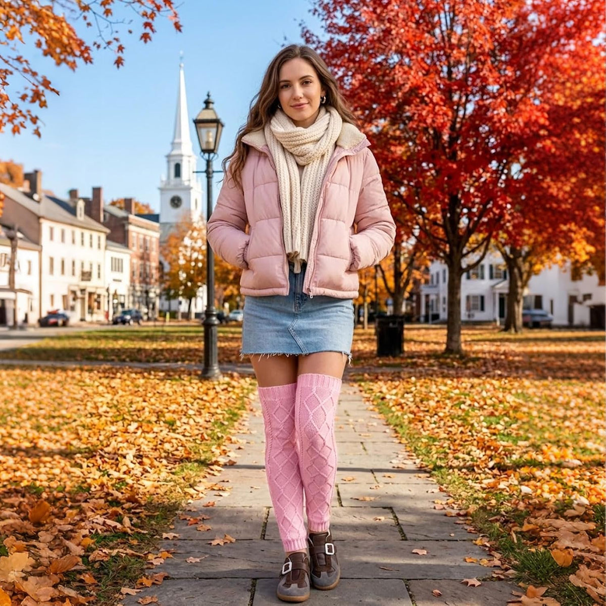 Moon Wood Womens Fleece Lined Leg Warmers Cable Knit Long Footless Thigh High Socks - Light Pink