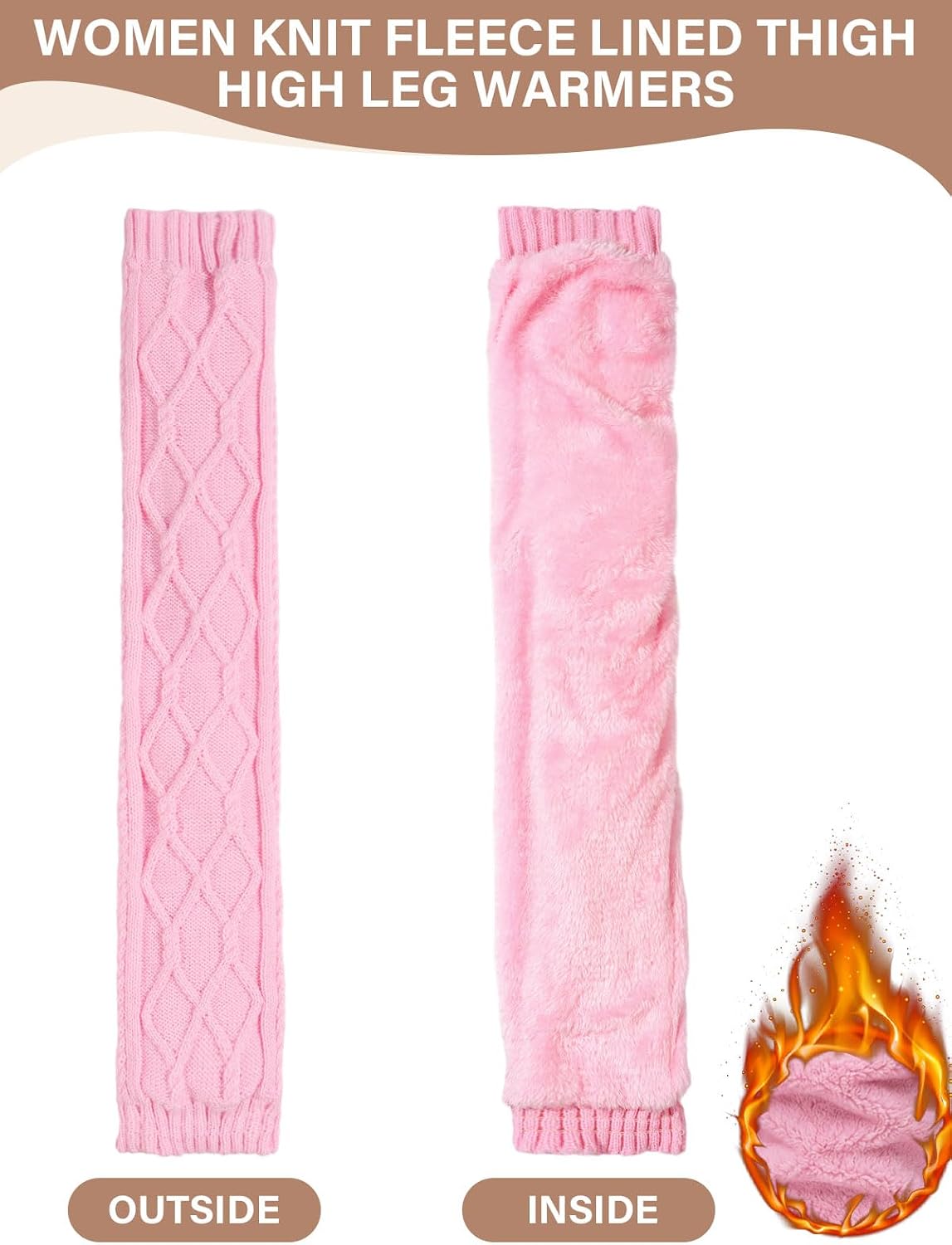 Moon Wood Womens Fleece Lined Leg Warmers Cable Knit Long Footless Thigh High Socks - Light Pink