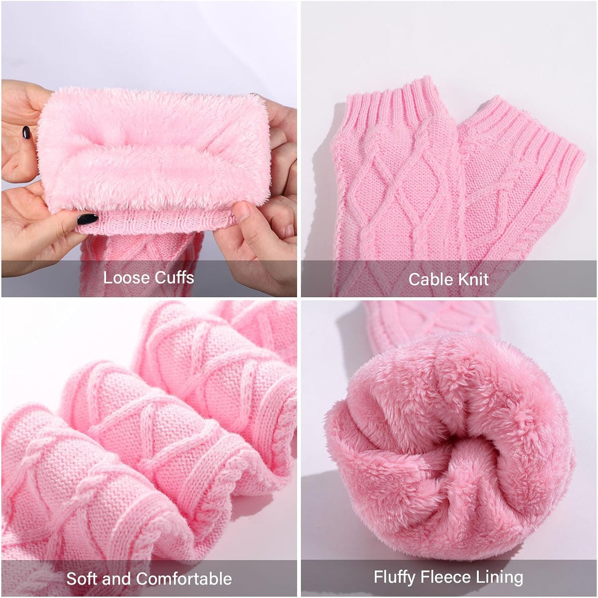 Moon Wood Womens Fleece Lined Leg Warmers Cable Knit Long Footless Thigh High Socks - Light Pink