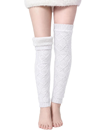 Moon Wood Womens Fleece Lined Leg Warmers Cable Knit Long Footless Thigh High Socks - White