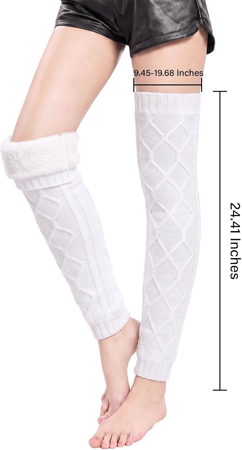 Moon Wood Womens Fleece Lined Leg Warmers Cable Knit Long Footless Thigh High Socks - White