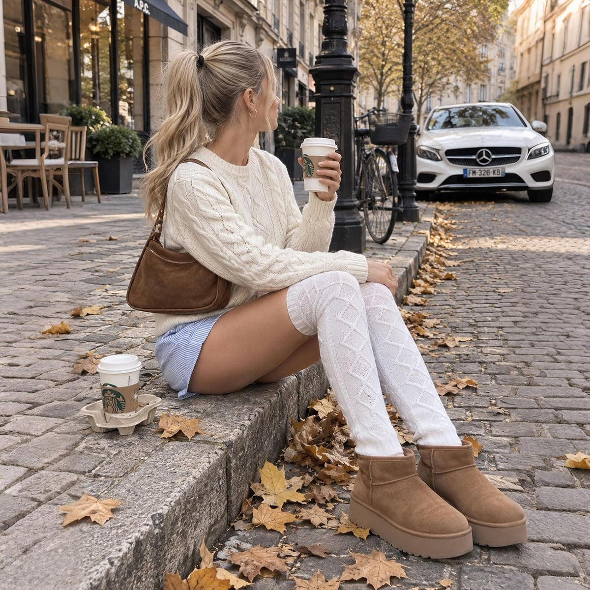 Moon Wood Womens Fleece Lined Leg Warmers Cable Knit Long Footless Thigh High Socks - White