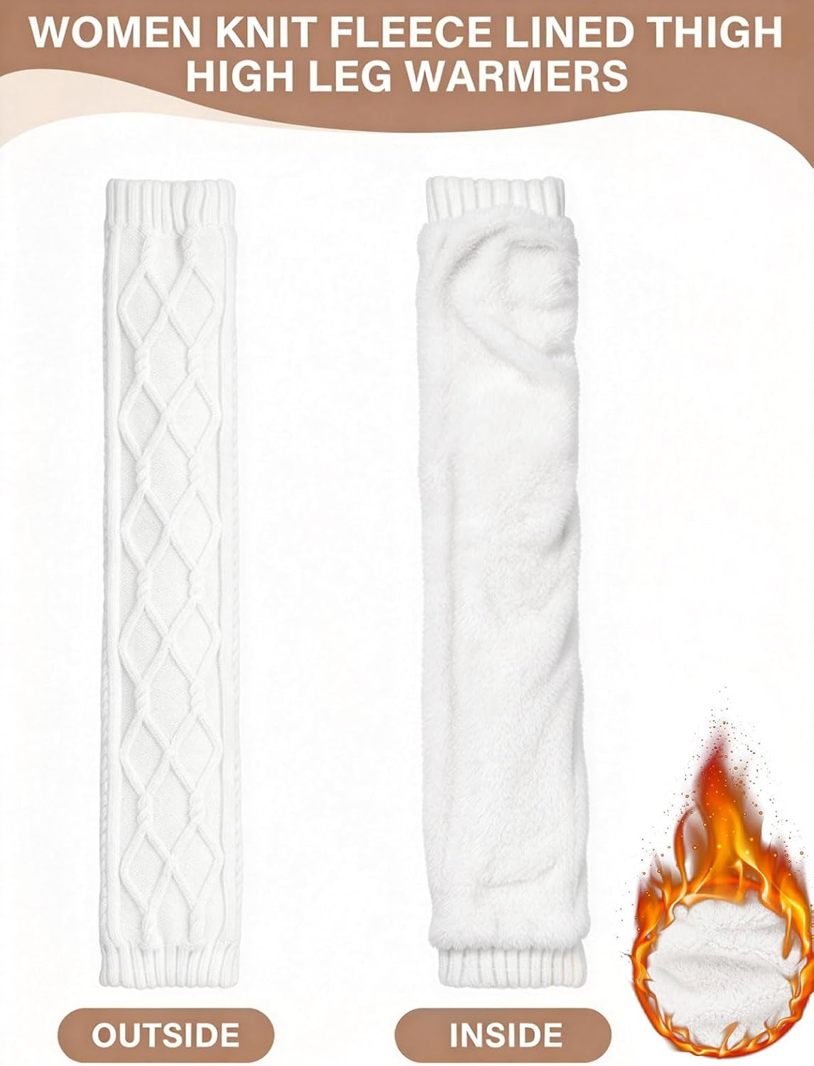 Moon Wood Womens Fleece Lined Leg Warmers Cable Knit Long Footless Thigh High Socks - White