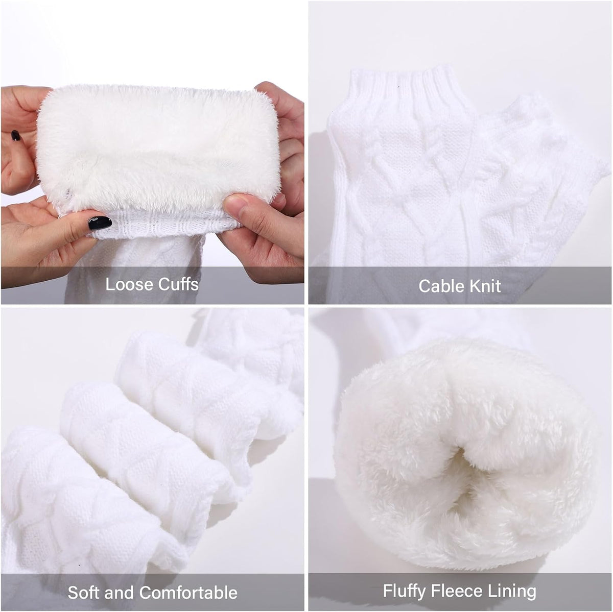 Moon Wood Womens Fleece Lined Leg Warmers Cable Knit Long Footless Thigh High Socks - White