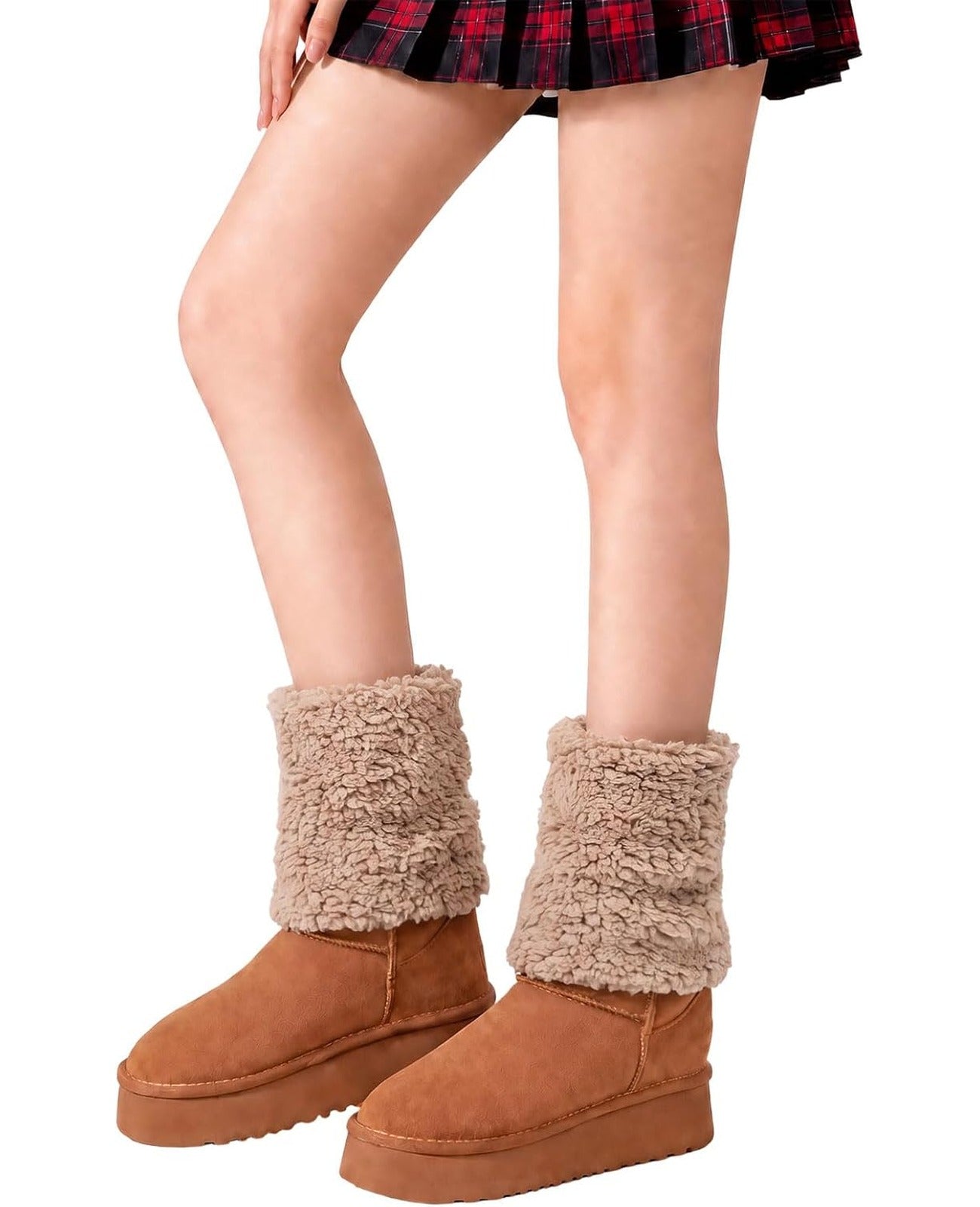 Moon Wood Womens Fuzzy Leg Warmers Short Winter Chunky Thick Fluffy Boot Cuffs - Khaki