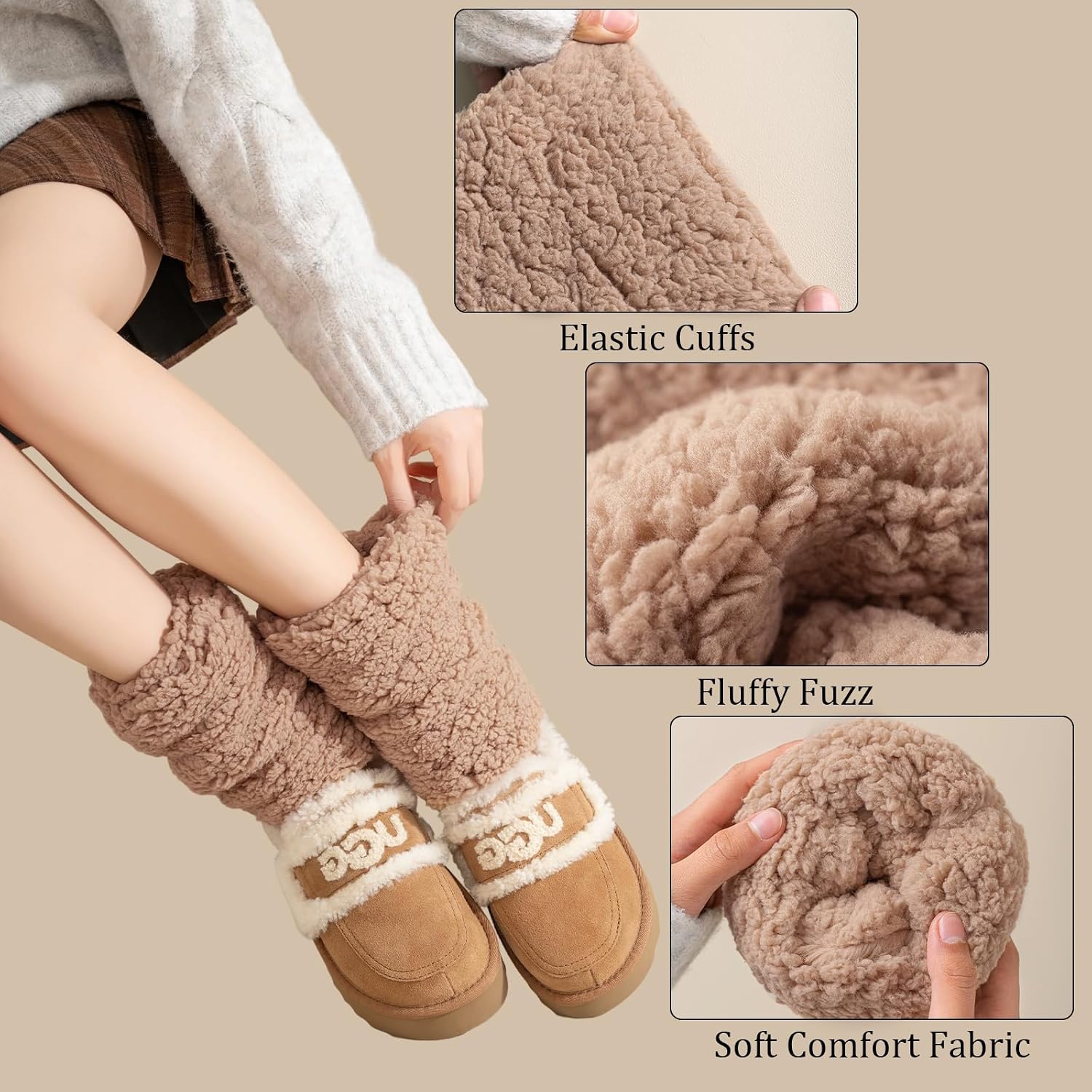 Moon Wood Womens Fuzzy Leg Warmers Short Winter Chunky Thick Fluffy Boot Cuffs - Khaki