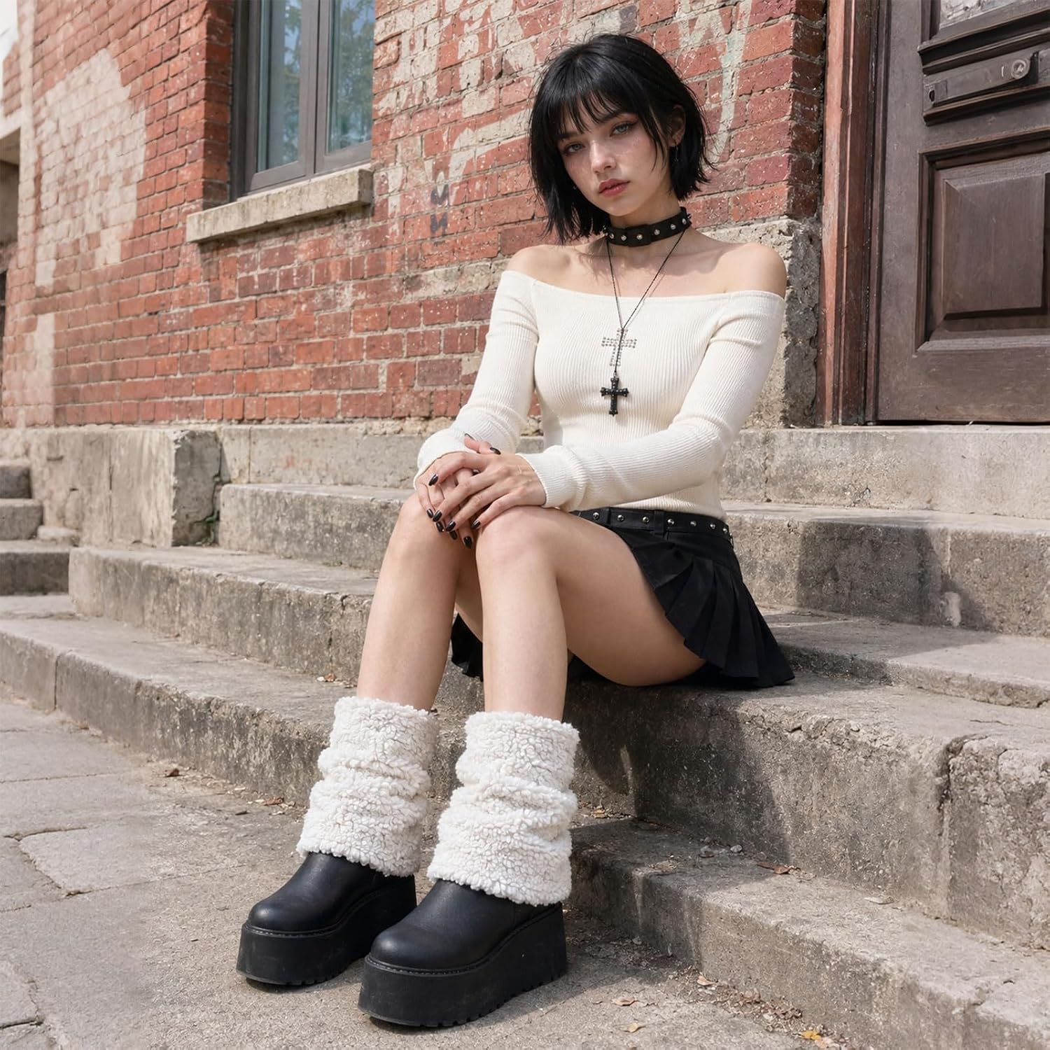 Moon Wood Womens Fuzzy Leg Warmers Short Winter Chunky Thick Fluffy Boot Cuffs - White