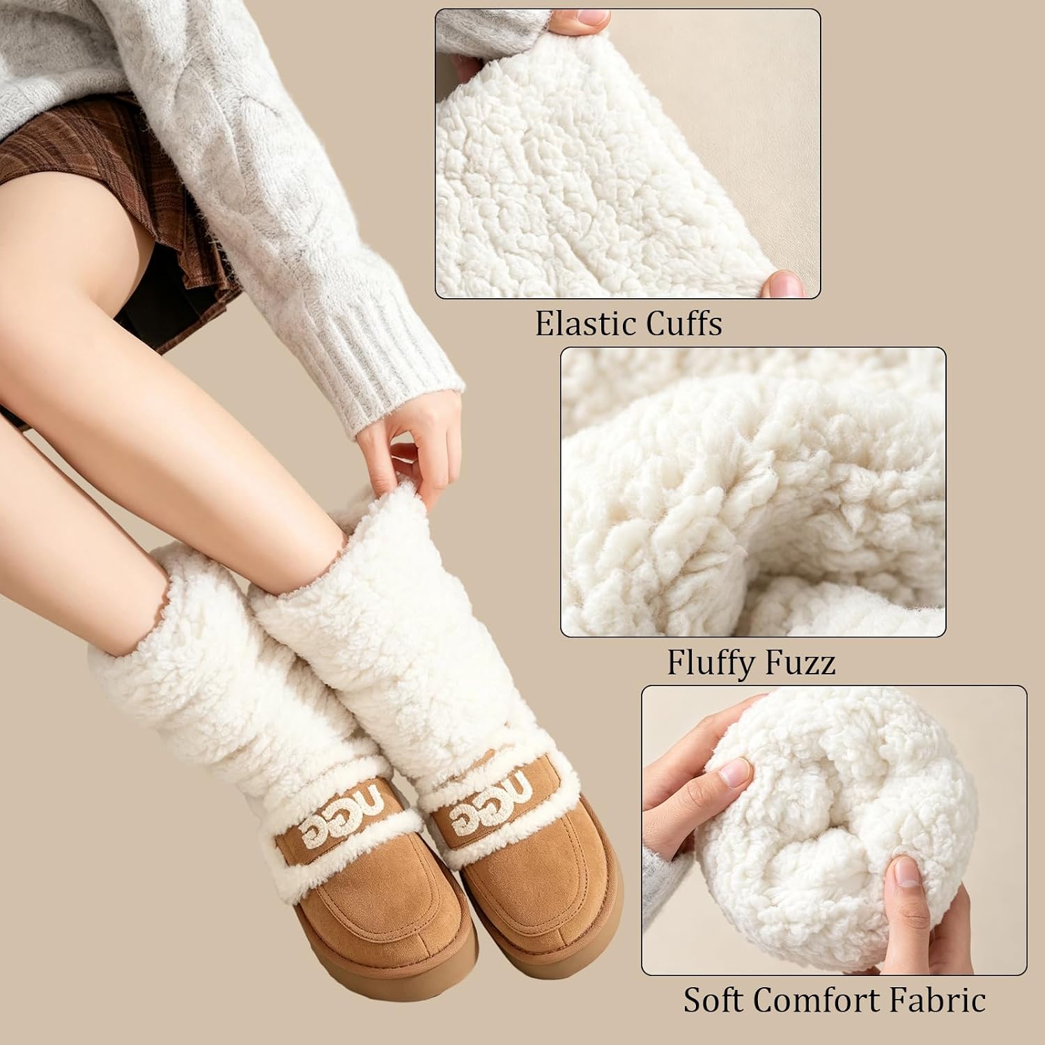 Moon Wood Womens Fuzzy Leg Warmers Short Winter Chunky Thick Fluffy Boot Cuffs - White