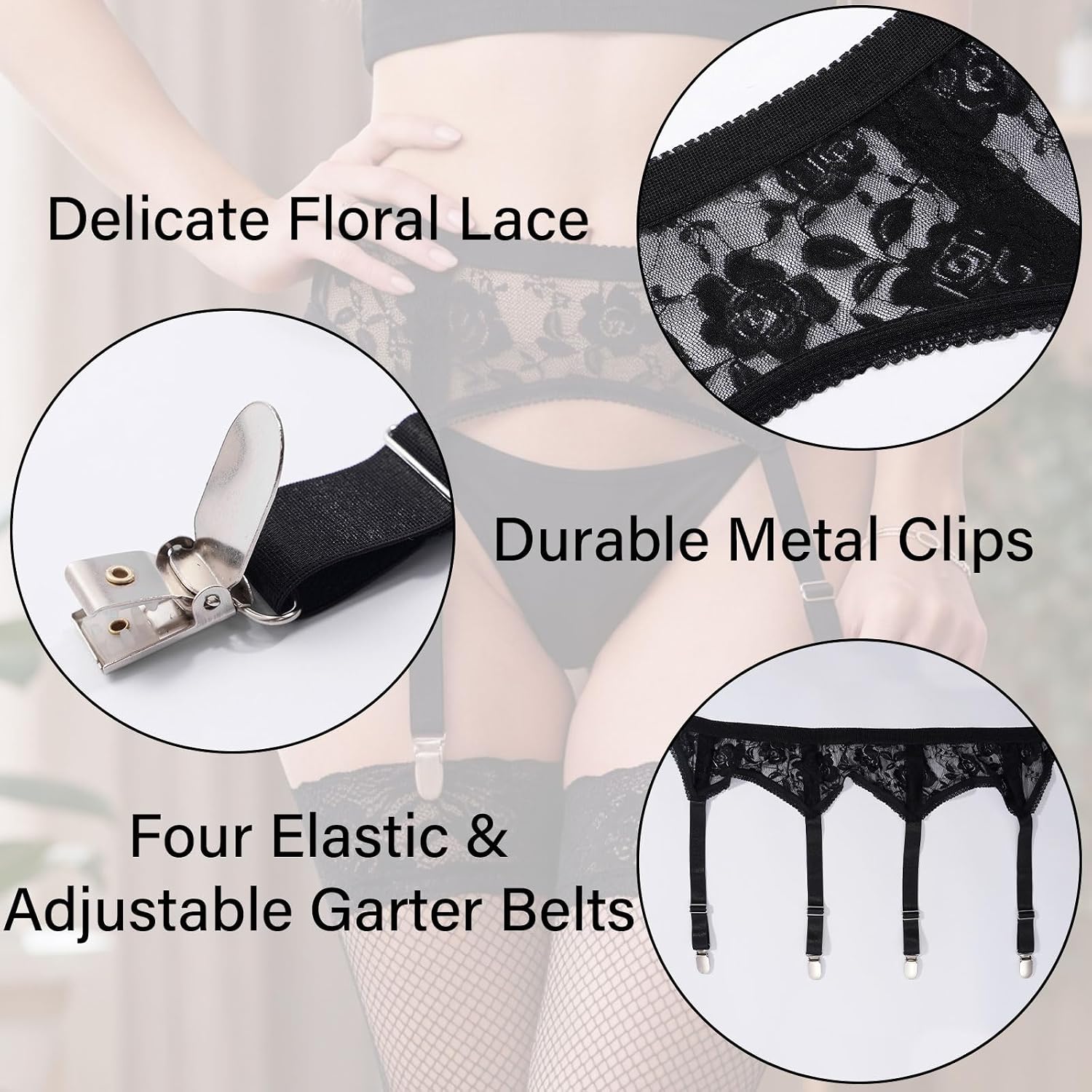 Moon Wood Womens Lace Garter Belt with Elastic Straps - Elastic Black - view 3