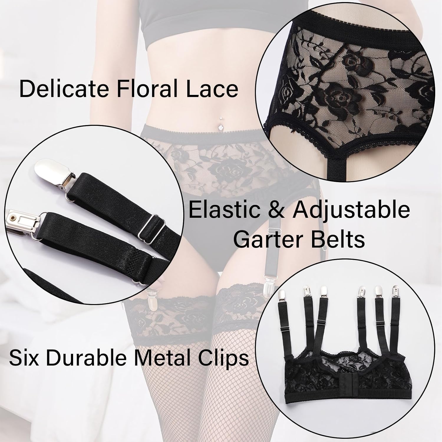 Moon Wood Womens Lace Garter Belt with Hook Clips - Hook Black - view 3