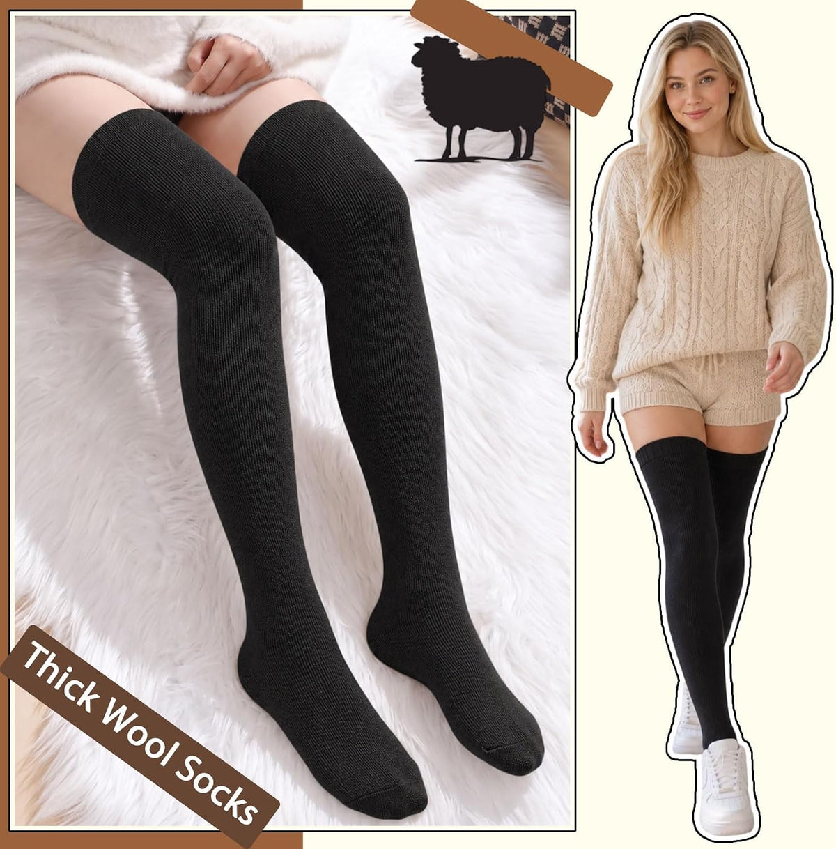 Moon Wood Womens Merino Wool Thigh High Socks Thermal Long Thick Over The Knee Socks - Black