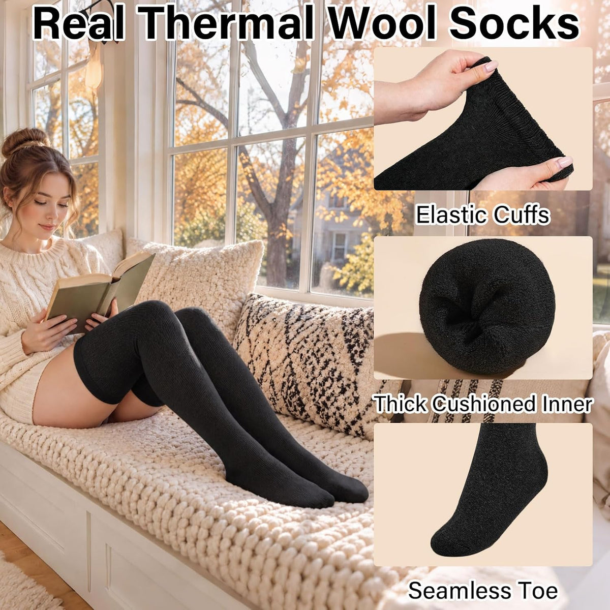 Moon Wood Womens Merino Wool Thigh High Socks Thermal Long Thick Over The Knee Socks - Black