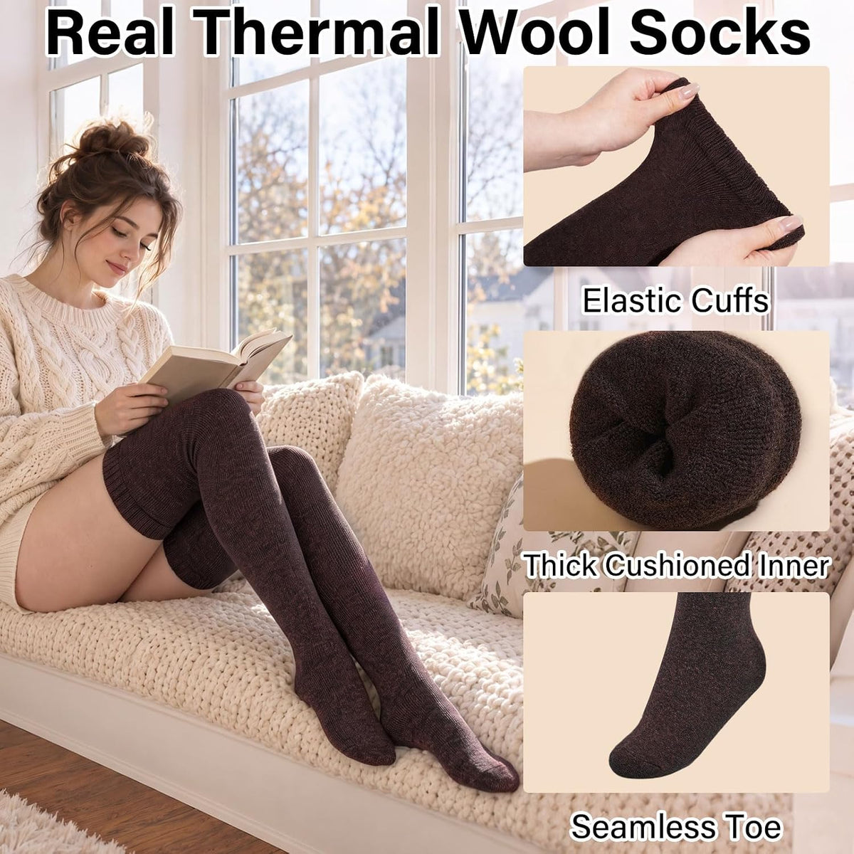 Moon Wood Womens Merino Wool Thigh High Socks Thermal Long Thick Over The Knee Socks - Brown