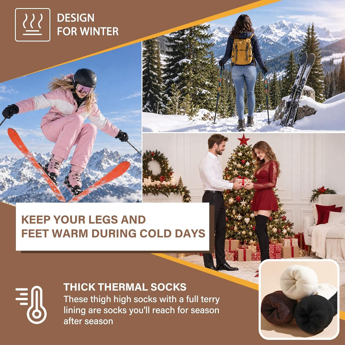 Moon Wood Womens Merino Wool Thigh High Socks Thermal Long Thick Over The Knee Socks - Brown