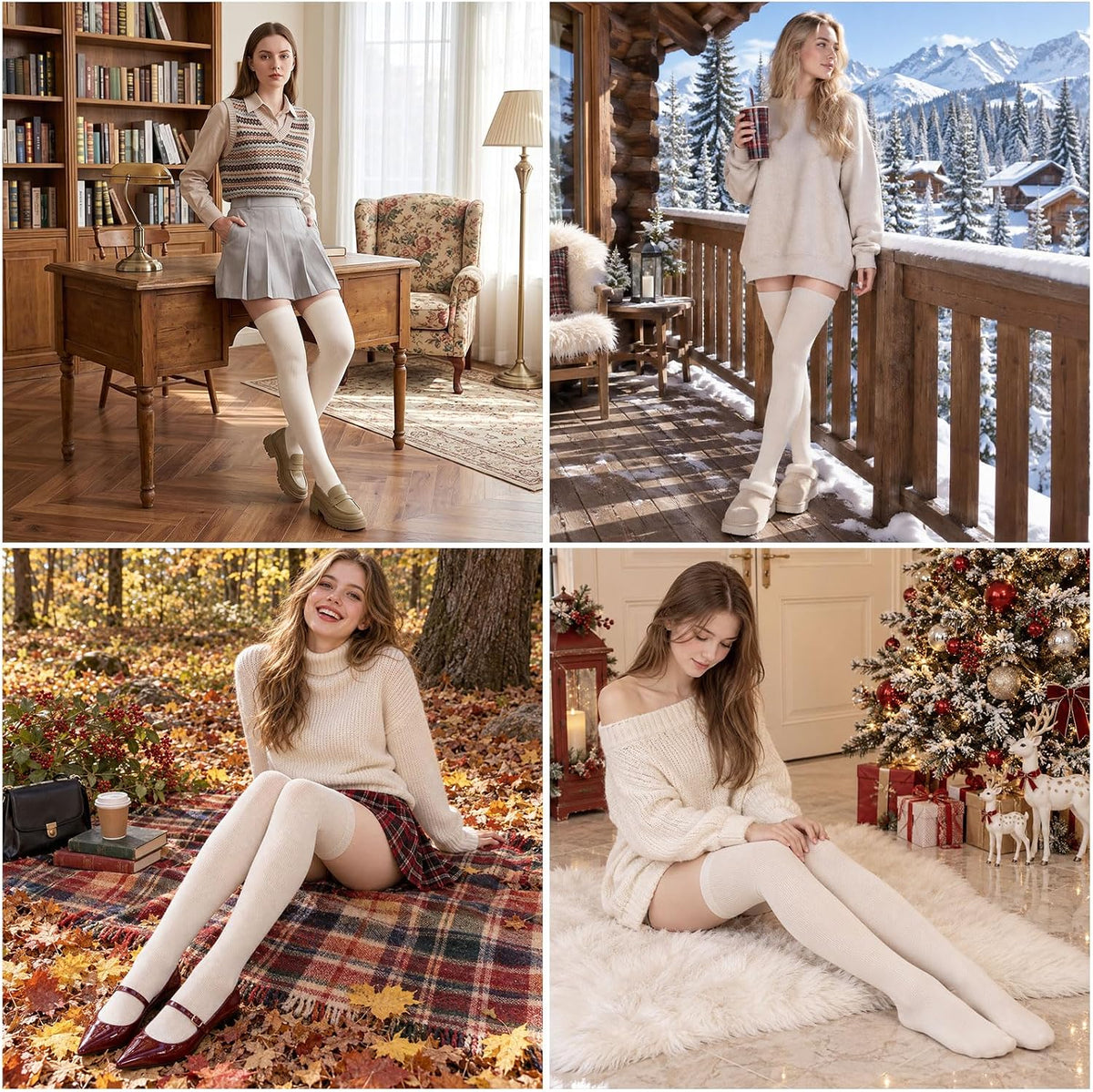 Moon Wood Womens Merino Wool Thigh High Socks Thermal Long Thick Over The Knee Socks - White