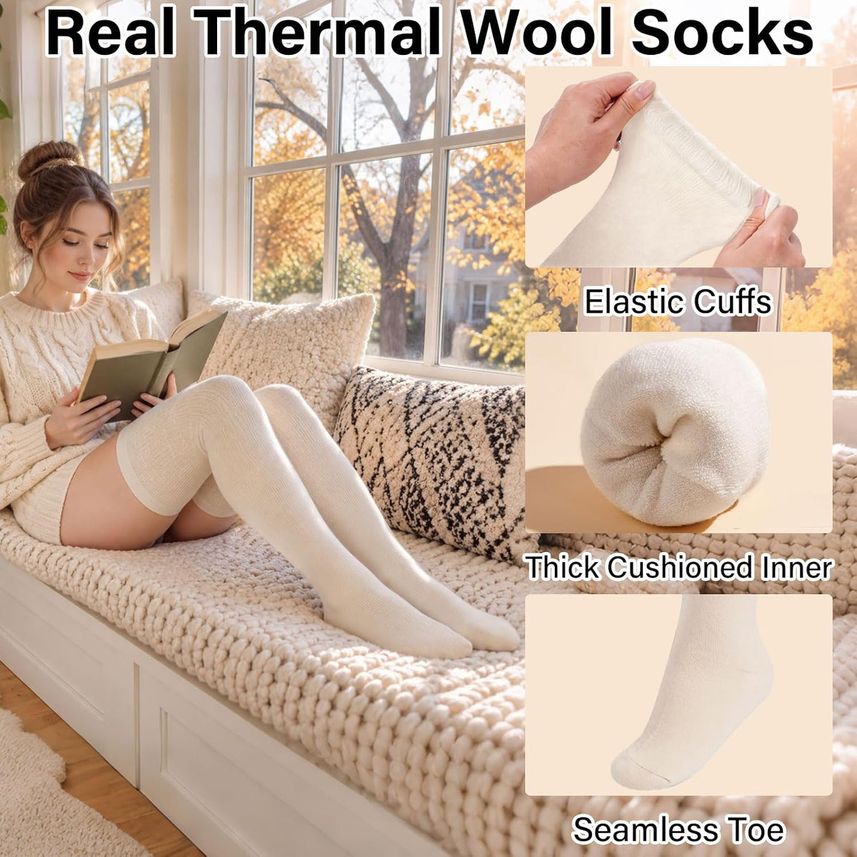 Moon Wood Womens Merino Wool Thigh High Socks Thermal Long Thick Over The Knee Socks - White