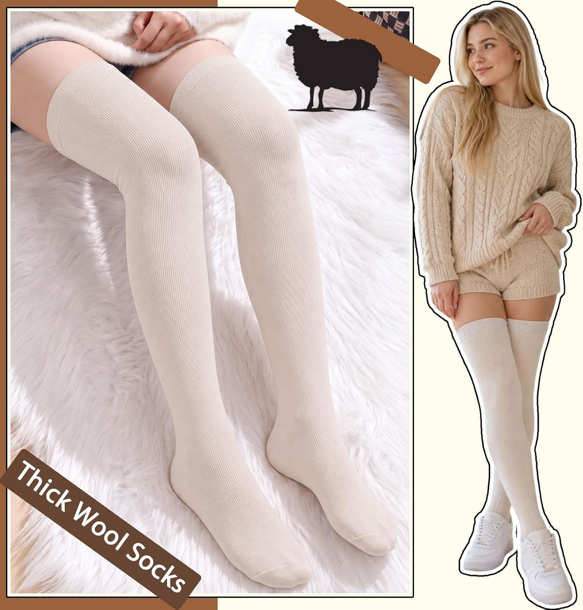 Moon Wood Womens Merino Wool Thigh High Socks Thermal Long Thick Over The Knee Socks - White