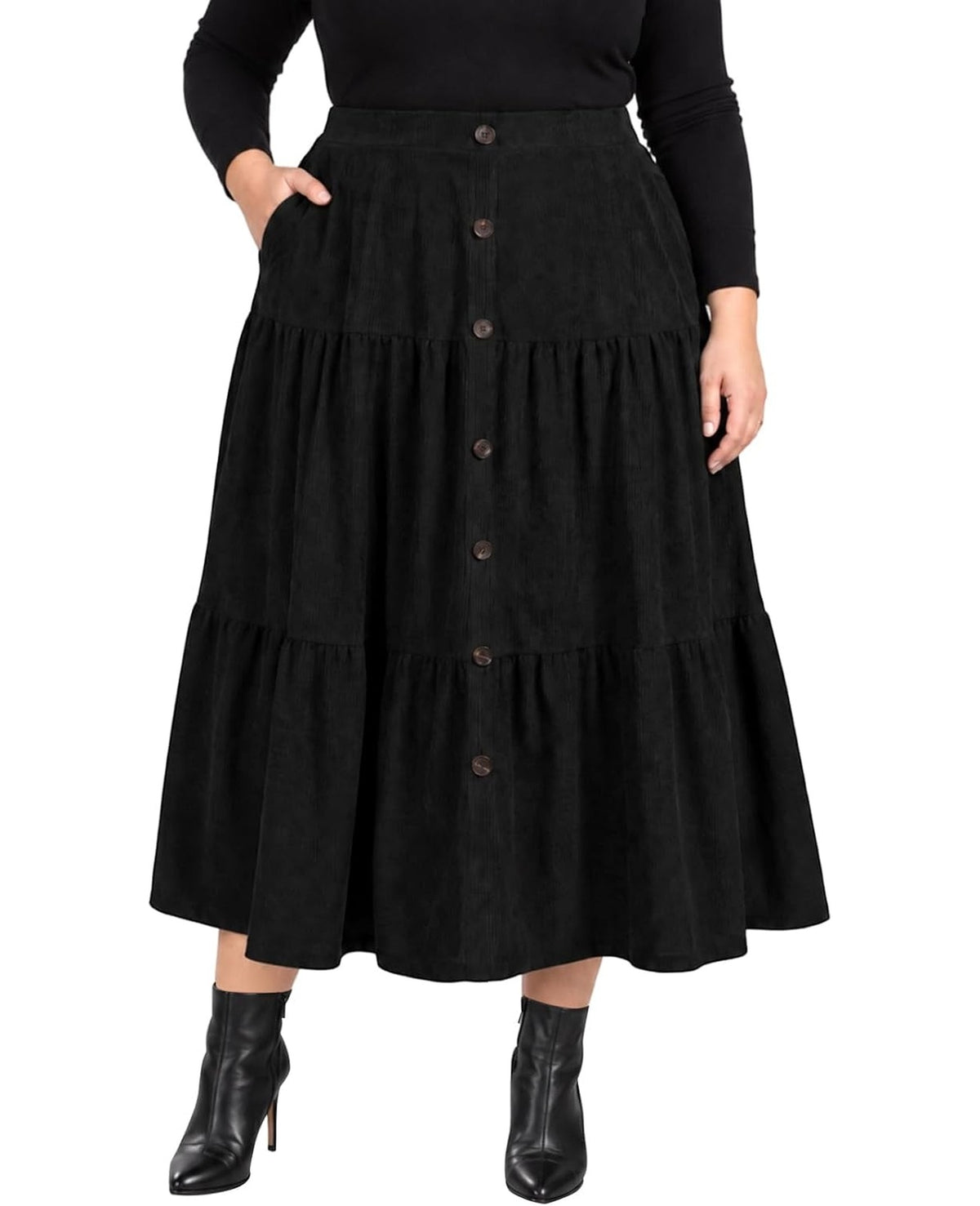 Moon Wood Womens Plus Size Corduroy Maxi Skirt Fall Long Skirt with Pockets - Black