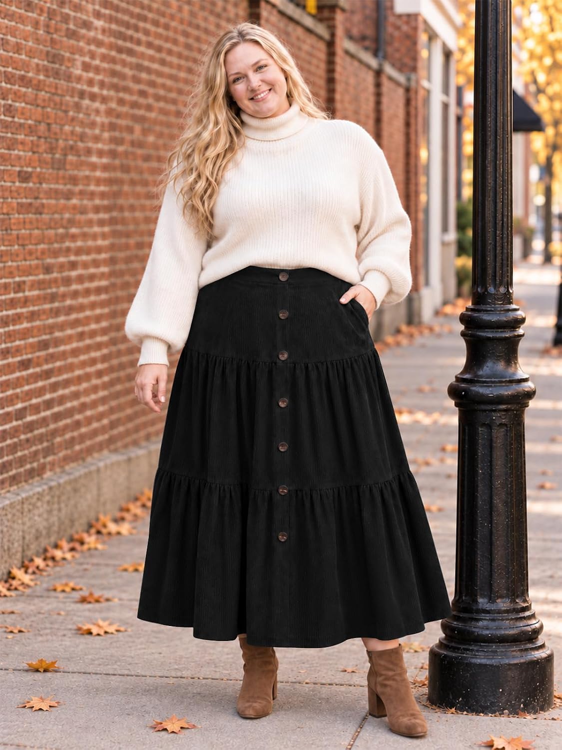 Moon Wood Womens Plus Size Corduroy Maxi Skirt Fall Long Skirt with Pockets - Black
