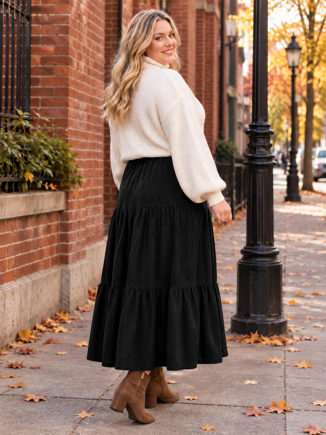 Moon Wood Womens Plus Size Corduroy Maxi Skirt Fall Long Skirt with Pockets - Black