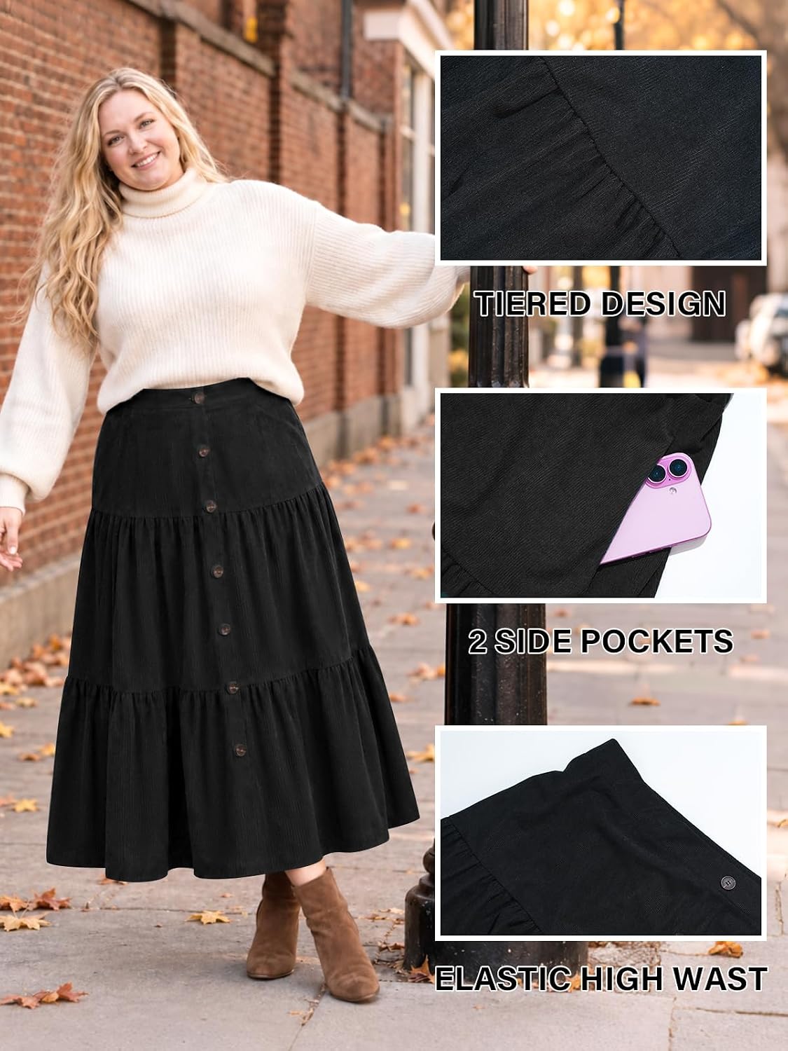 Moon Wood Womens Plus Size Corduroy Maxi Skirt Fall Long Skirt with Pockets - Black
