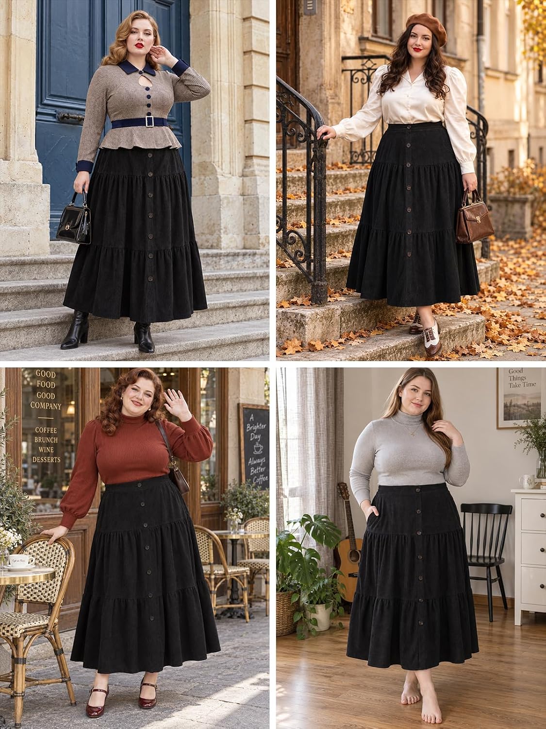 Moon Wood Womens Plus Size Corduroy Maxi Skirt Fall Long Skirt with Pockets - Black