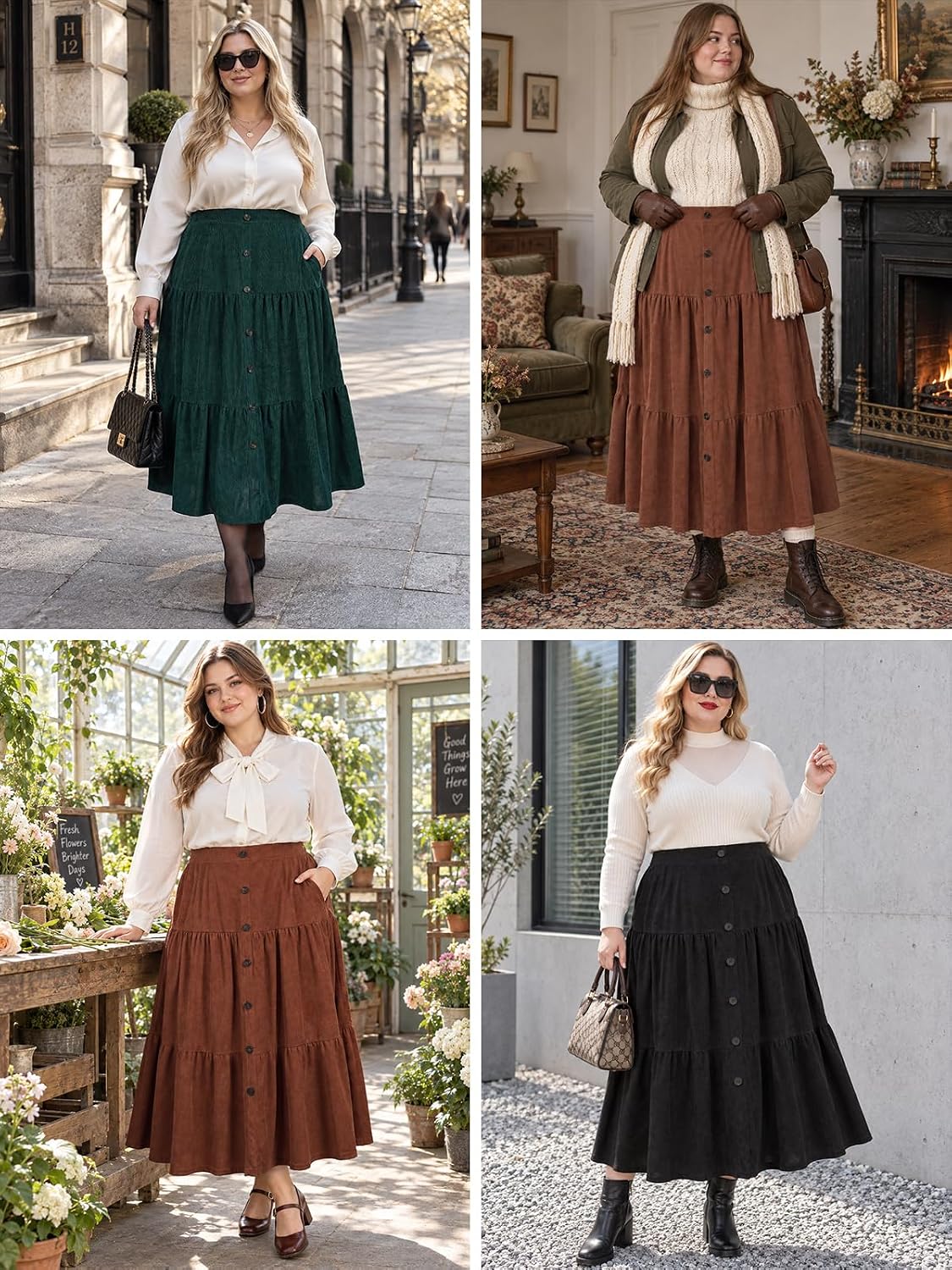 Moon Wood Womens Plus Size Corduroy Maxi Skirt Fall Long Skirt with Pockets - Black