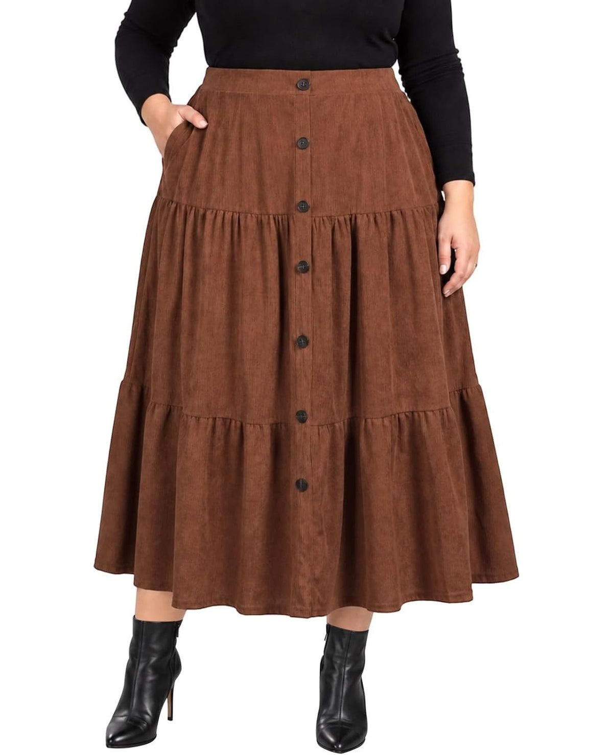Moon Wood Womens Plus Size Corduroy Maxi Skirt Fall Long Skirt with Pockets - Brown
