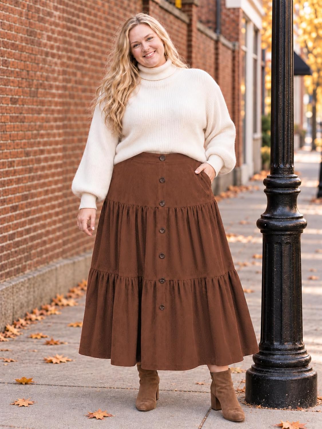 Moon Wood Womens Plus Size Corduroy Maxi Skirt Fall Long Skirt with Pockets - Brown