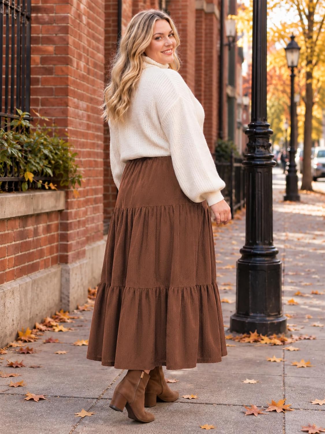 Moon Wood Womens Plus Size Corduroy Maxi Skirt Fall Long Skirt with Pockets - Brown
