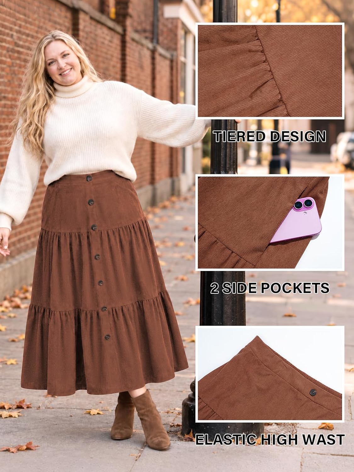 Moon Wood Womens Plus Size Corduroy Maxi Skirt Fall Long Skirt with Pockets - Brown