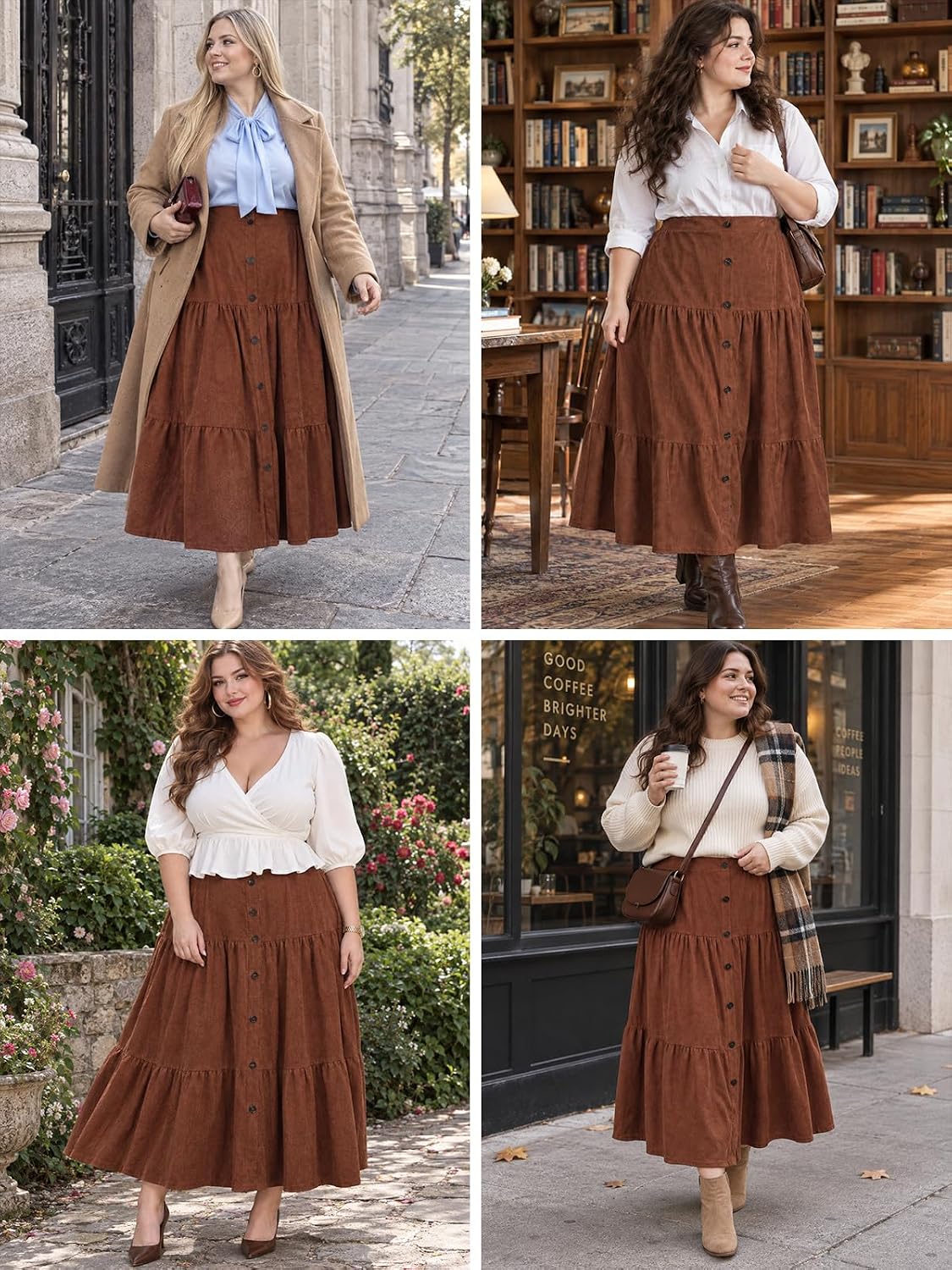 Moon Wood Womens Plus Size Corduroy Maxi Skirt Fall Long Skirt with Pockets - Brown