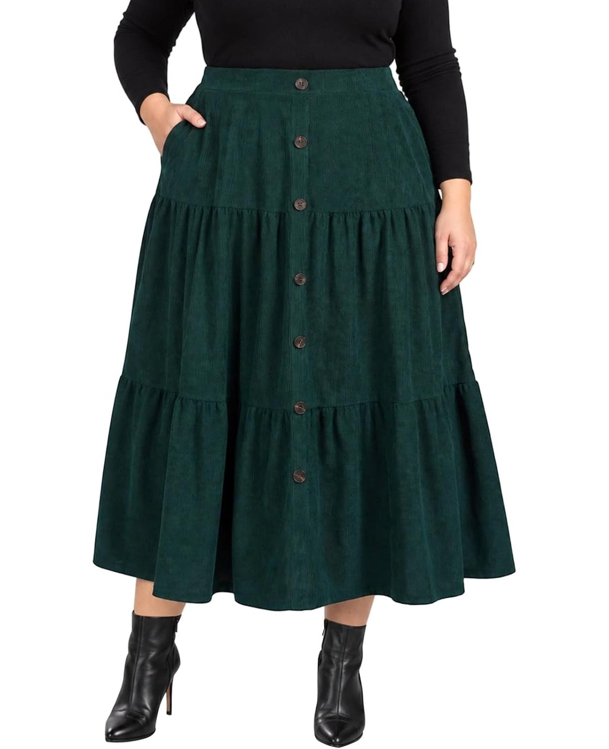 Moon Wood Womens Plus Size Corduroy Maxi Skirt Fall Long Skirt with Pockets - Green