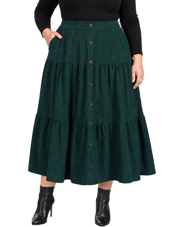 Moon Wood Womens Plus Size Corduroy Maxi Skirt Fall Long Skirt with Pockets - Green